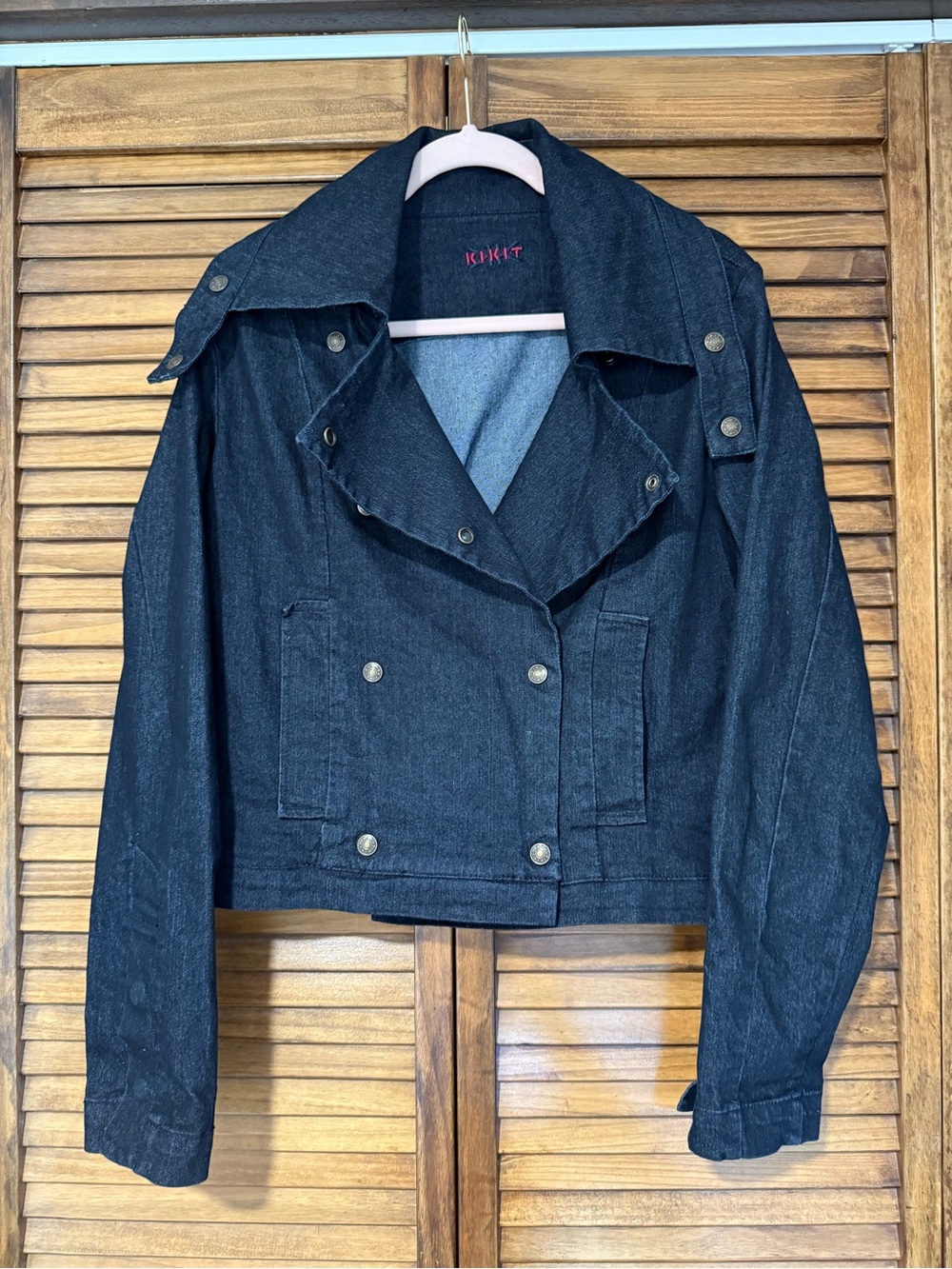 Kikit Dark Wash Denim Moto Jacket Women’s Medium Y2K Snap Front